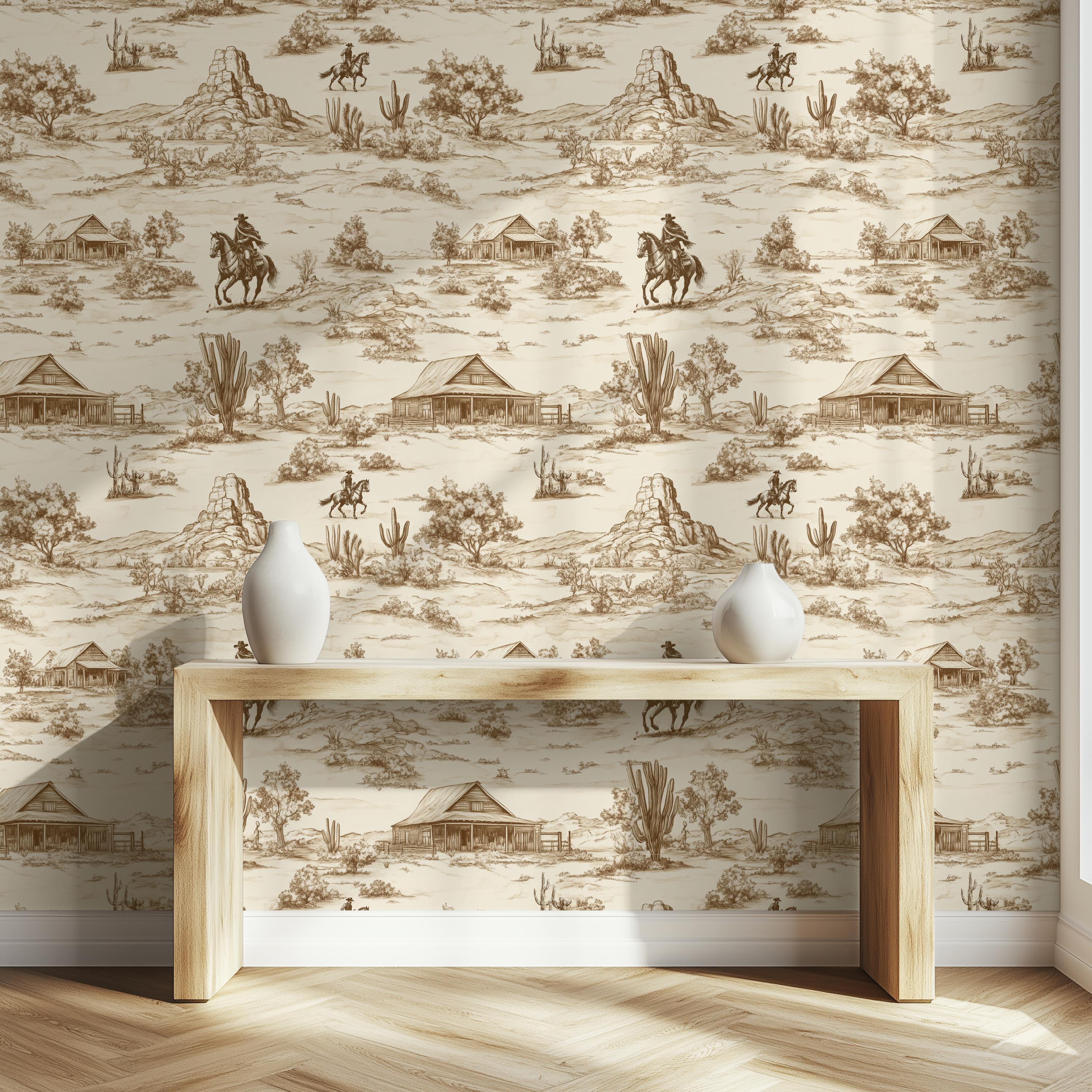 Vintage Western Toile Wallpaper: Rustic Cowboy Ranch Mural - Etsy