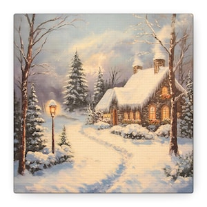 Winter Wonderland Cabin Wall Art Snowy Forest Oil Painting Print Cozy Cabin in the Woods Canvas Rustic Winter Landscape Art Christmas Decor