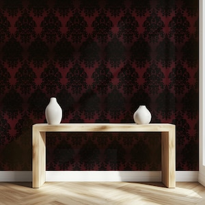 Gothic Damask Peel and Stick Wallpaper Dark Victorian Baroque Wall Mural Black Velvet Pattern Maroon Burgundy Aesthetic Removable Wallpaper