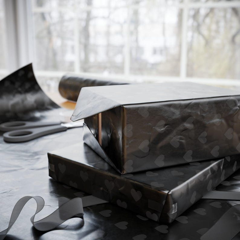 Gothic Black Heart Wrapping Paper, Elegant Valentine's Gift Wrap image 6