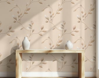 Beige Botanical Wallpaper: Elegant Leaf Vine Peel and Stick Mural