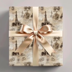 Papel de regalo vintage de París, papel de regalo efímero francés, Torre Eiffel y cartas escritas a mano, elegante papel de regalo con temática parisina retro