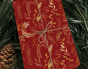Red and Gold Botanical Christmas Wrapping Paper: Festive Foil Gift Wrap