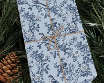 Blue Bird Toile Wrapping Paper: Elegant Floral Gift Wrap