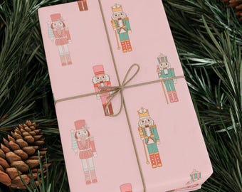 Vintage Nutcracker Wrapping Paper, Pastel Pink Christmas Gift Wrap