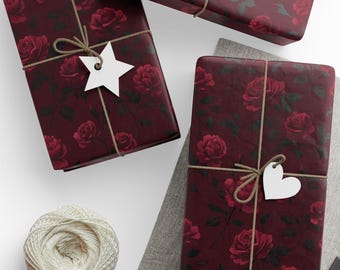 Gothic Rose Wrapping Paper - Dark Burgundy Floral Gift Wrap