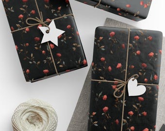 Dark Floral Wrapping Paper, Vintage Rose Moody Botanical Gift Wrap