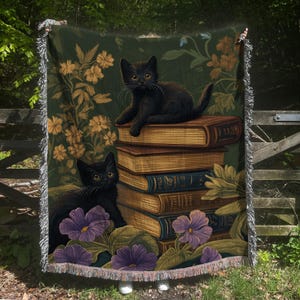 Cozy Cat Blanket Aesthetic Room Decor Book Lover Gift Woven Throw Blanket Cotton Blanket Black Cat Lover Gift Cat Mom Gift Blanket