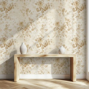 Vintage Beige Floral Wallpaper: Elegant Damask Rose Design