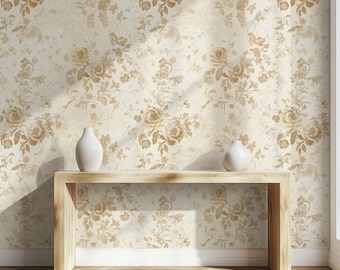 Vintage Beige Floral Wallpaper: Elegant Damask Rose Design