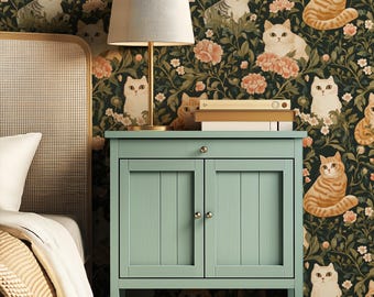 Papel pintado vintage de gato con flores: Mural autoadhesivo de estilo cottagecore