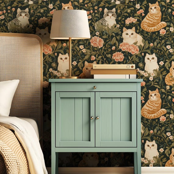 Vintage Floral Cat Wallpaper: Cottagecore Peel and Stick Wall Mural