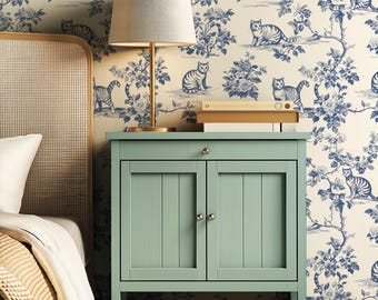Papel pintado vintage de gato: mural de pared de estilo francés azul y blanco