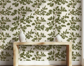 Papel pintado botánico verde vintage: Mural de pared con hojas de la naturaleza