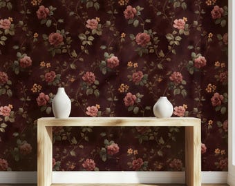 Moody Burgundy Floral Wallpaper Vintage Rose Peel and Stick Dark Victorian Removable Wallpaper