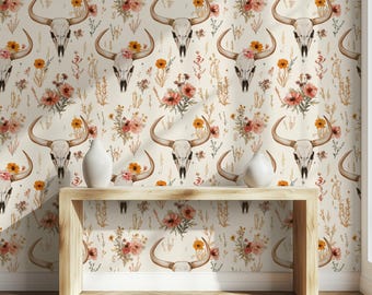 Longhorn Skull Wallpaper: Rustic Floral Cow Skull Wall Mural