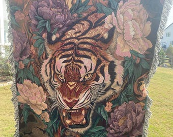Cobertor de algodão trançado Tiger: manta de tapeçaria com decoração japonesa