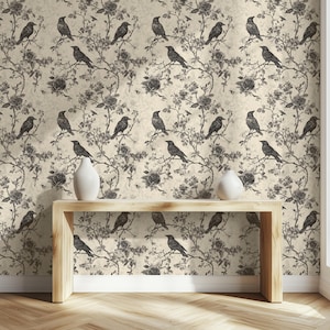 Gothic Raven Wallpaper Vintage Botanical Peel and Stick Wall Mural Black Crow Floral Wallpaper for Dark Cottagecore Decor