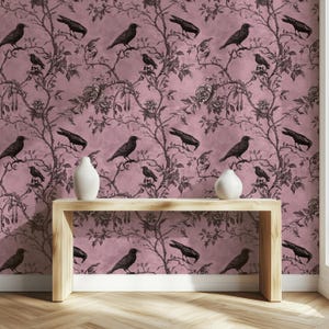 Gothic Raben Tapete Romantisches Dunkles Cottagecore Wandbild Krähe Vintage Blumen Tapete Schälen und Aufkleben Halloween Dekor