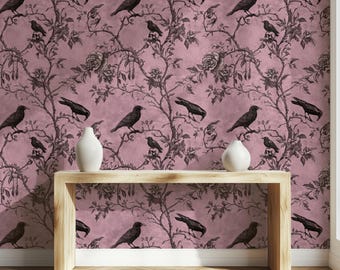 Gothic Raven Wallpaper: Dark Cottagecore Floral Wall Mural