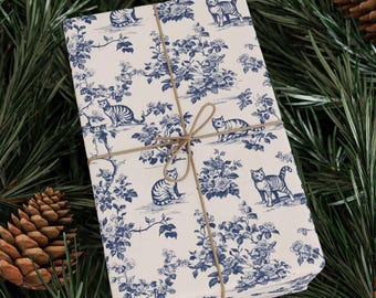 Blue Toile Cat Wrapping Paper: Elegant Vintage Style Gift Wrap