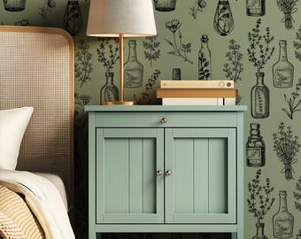Vintage Apothecary Wallpaper: Sage Green Herb Bottles, French Cottagecore Wall Mural