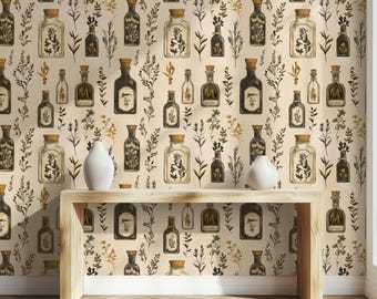 Vintage Apothecary Bottle Wallpaper: Cream Botanical Herb Wall Mural
