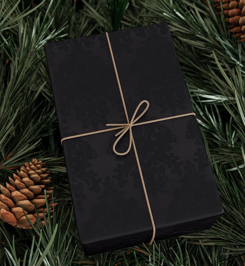 Black Damask Wrapping Paper, Elegant Gothic Gift Wrap image 3