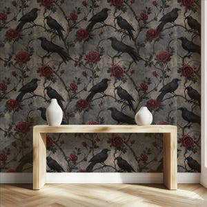 Gothic Raven and Red Rose Wallpaper Dark Romantic Peel and Stick Wallpaper Vintage Gothic Damask Wall Mural Victorian Crow Wallpaper