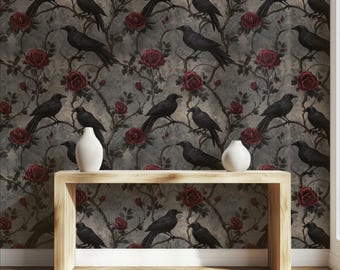 Gothic Raven and Red Rose Wallpaper: Dark Romantic Peel and Stick Damask Wall Mural