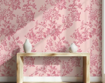 Pink Toile Wallpaper: Vintage French Floral, Peel and Stick