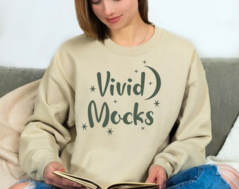 Gildan 18000 Sand Mockup | Bookish Model Mockup | Book Lover Aesthetic | Beige Bookworm Sweatshirt | Stylish Reading Mock | Trendy Clothing