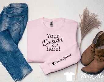 Gildan 18000 Sleeve Sweatshirt Mockup | light Pink Sweater Mock Up | Boho Aesthetic Crewneck Photo | Trendy Clothing Mock up | pink Sweater