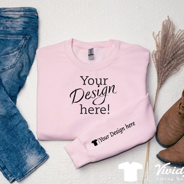 Gildan 18000 Sleeve Sweatshirt Mockup | light Pink Sweater Mock Up | Boho Aesthetic Crewneck Photo | Trendy Clothing Mock up | pink Sweater