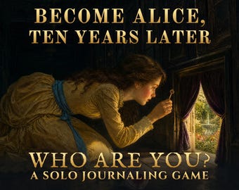 May include: A solo journaling game titled Become Alice, Ten Years Later, Who Are You? The cover art features a person in a long yellow dress with a blue sash, kneeling and holding a small gold key before a tiny door opening to a garden.