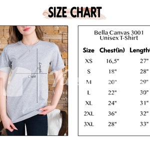 3001 Size Chart | Model Bella Canvas 3001 Chart | Unisex Sizing | Tshirt Size Chart | Jersey T-Shirt Size Guide | Tshirt Measurements