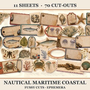 Puede incluir: Un conjunto de 11 hojas y 70 recortes con el título NAUTICAL MARITIME COASTAL FUSSY CUTS EPHEMERA. El set incluye etiquetas de papel de estilo vintage e ilustraciones de peces, medusas, cangrejos, conchas, una estrella de mar, un ratón y cuerda.