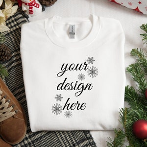 Christmas Sweater Mockup, Gildan 18000 White Sweatshirt Mockup, White Xmas Sweater Mockup, Winter Flat Lay, Holiday Mockup, Festive Crewneck