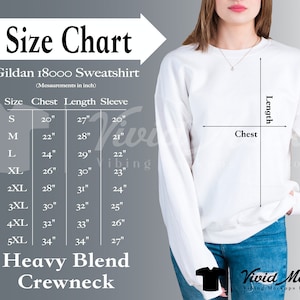 Gildan 18000 Size Chart | Gildan 1800 Sweatshirt Sizing Guide | Heavy Blend Crewneck | Female Model Mock | G180 Unisex | Gray Background