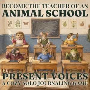 Könnte beinhalten: Eine Klassenzimmerszene mit anthropomorphen Tieren an Holztischen mit dem Text BECOME THE TEACHER OF AN ANIMAL SCHOOL PRESENT VOICES A COZY SOLO JOURNALING GAME. Die Tiere umfassen einen Igel, eine Maus, einen Vogel, einen Maulwurf, einen Hasen und einen Frosch.