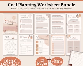 May include: A digital goal planning worksheet bundle with a soft, neutral color palette. The bundle includes SMART goals, a goals journal, trackers, and intention setting pages. The text reads "Goal Planning Worksheet Bundle" and "Digital Download."