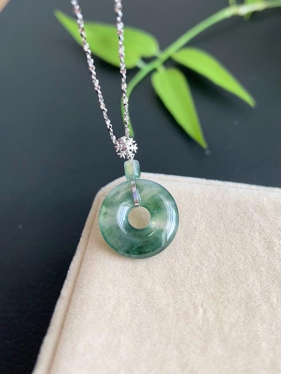 Natural Myanmar 18K Gold Icy Green Jadeite Jade Pendant Gift for her  Certified Grade A Icy Green Floats Jadeite Jade Flat Pendant