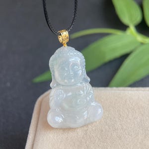 Natural Myanmar 18K Gold Baby Buddha Jadeite Jade Pendant  Jewelry Gift for her Certified Grade A Icy Moonlight Jadeite Jade Pendant.
