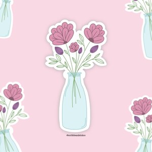 Autocollant en vinyle pour vase de fleurs | Fleurs dessinées à la main | Fleur Fleur | Sticker pour ordinateur portable | Sticker journal de téléphone | Découpe | Sticker pour scrapbooking