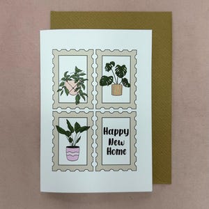 Housewarming Happy New Home-kaart | A6-wenskaart met ambachtelijke bruine envelop | Plantenliefhebber | Hangende plantenstempels