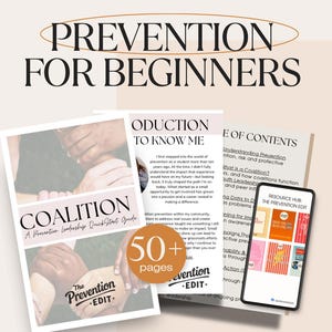 May include: A promotional image for "Prevention for Beginners" featuring a book, a quick start guide, and a tablet. The book cover has the text "Prevention for Beginners" in large, bold letters. The tablet displays a resource hub.