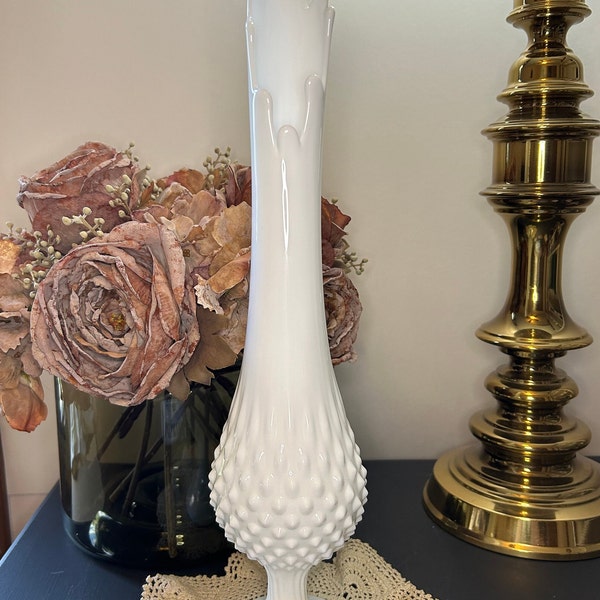 FENTON Vintage Hobnail Milk Glass 10 Finger Swung Vase, Footed Pedestal, Collectible, Wedding/Shower Tablescape, Mother's Day, Birthday