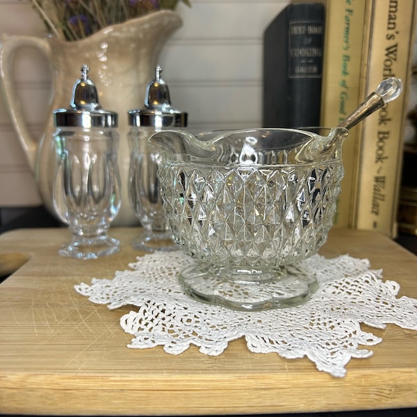 Vintage Indiana Glass Company Clear Diamond Point Sauce/Mayo/Condiment Serving Bowl, Replacement, Candle Holder, Trinket Dish, Collectible