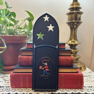 Vintage Black Cast Iron Matchstick Holder/Painted Man/Cut Out Stars/Fireplace Mantel Hearth