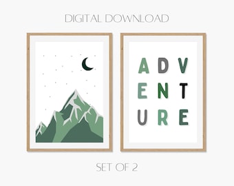 Green Adventure Kids Room Print Set of 2 | Adventure Nursery Wall Art | Mountain Scene Art | Neutral Kids Room Art | Neutral Nursery Decor